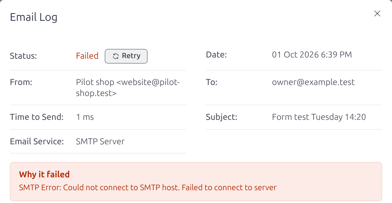 Details of a failed log entry. Under 'Why it failed' it reads: SMTP Error: Could not connect to SMTP host. Failed to connect to server.