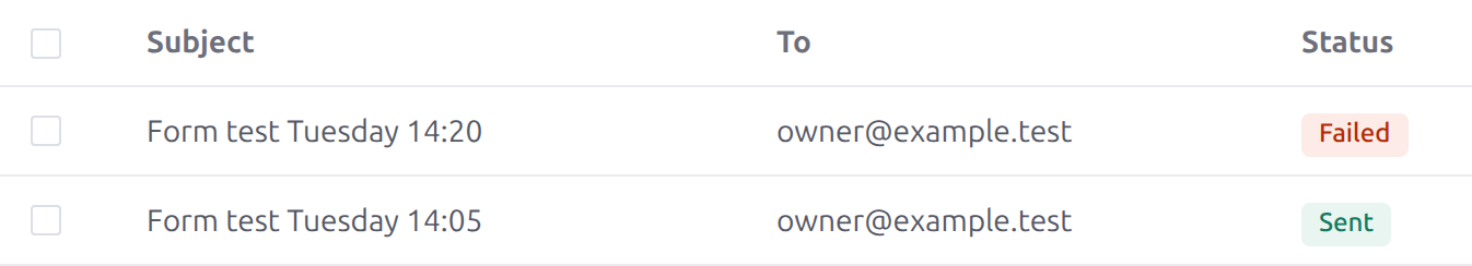 An email log in a WordPress SMTP plugin listing two test messages: 'Form test Tuesday 14:20' with status Failed, and 'Form test Tuesday 14:05' with status Sent.